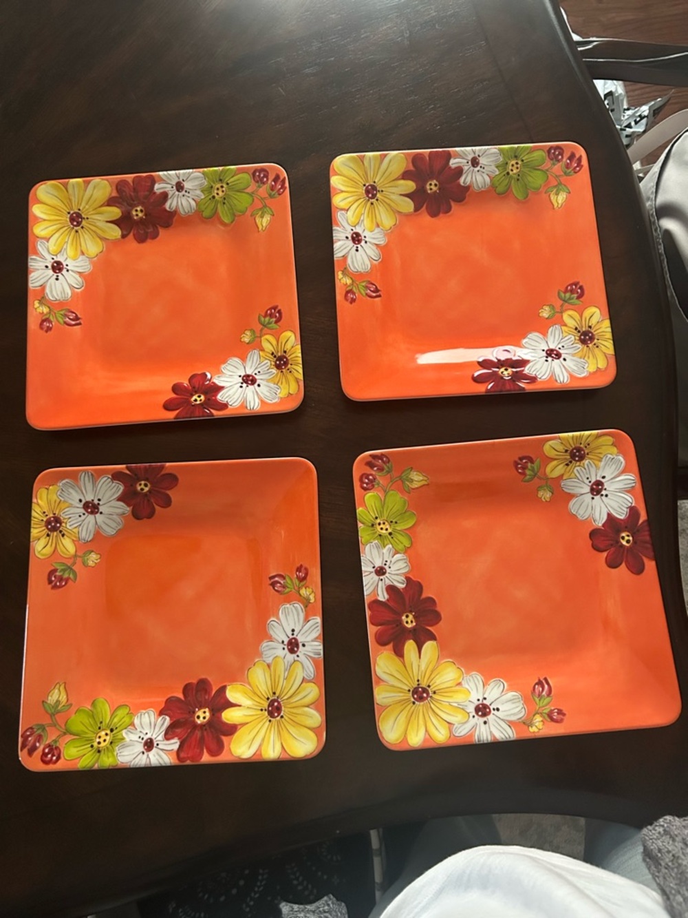 Orange Floral Melamine Square Dinner Plates - Set of 4